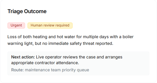 An urgent maintenance record in the Casalyx dashboard, showing the issue, urgency and escalation status